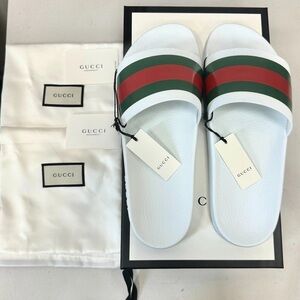 Gucci Men's Pursuit '72 White Rubber Pool Slides Green/Red Web Size US 12 NEW